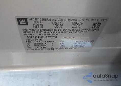 2017 GMC Sierra 1500 из США, поврежденный, VIN 3GTP1LEH9HG378238